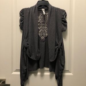 Gray Crochet Short Puffy Sleeve Open Cardigan Small